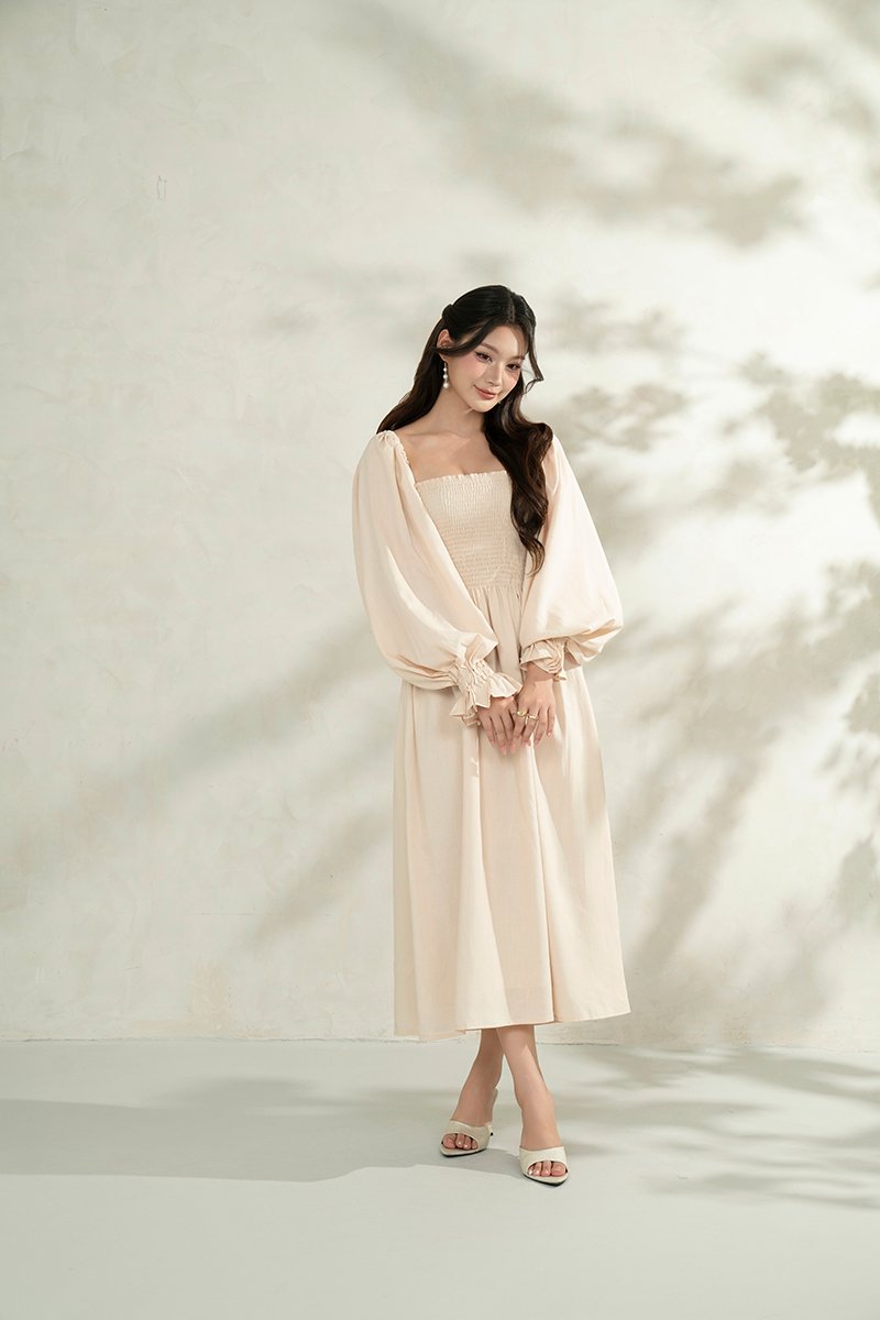 Emme Smocked Long Puff Sleeve Maxi Dress in French Cream