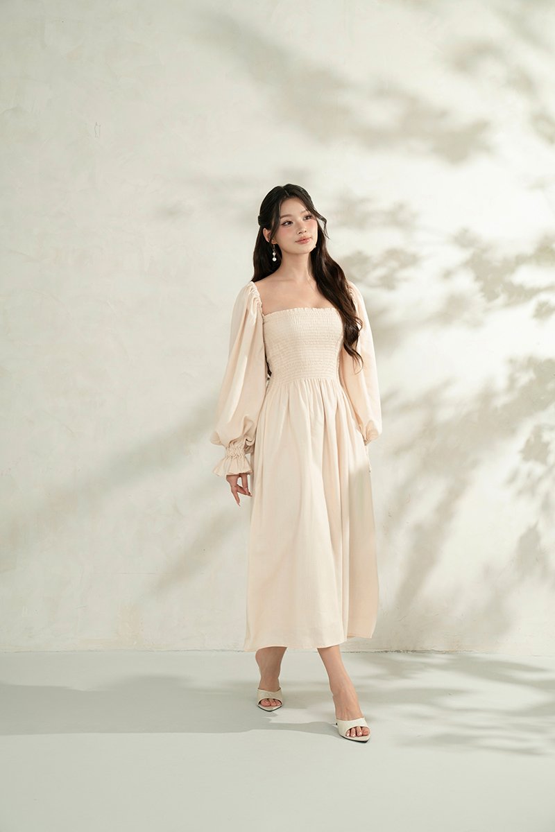 Emme Smocked Long Puff Sleeve Maxi Dress in French Cream