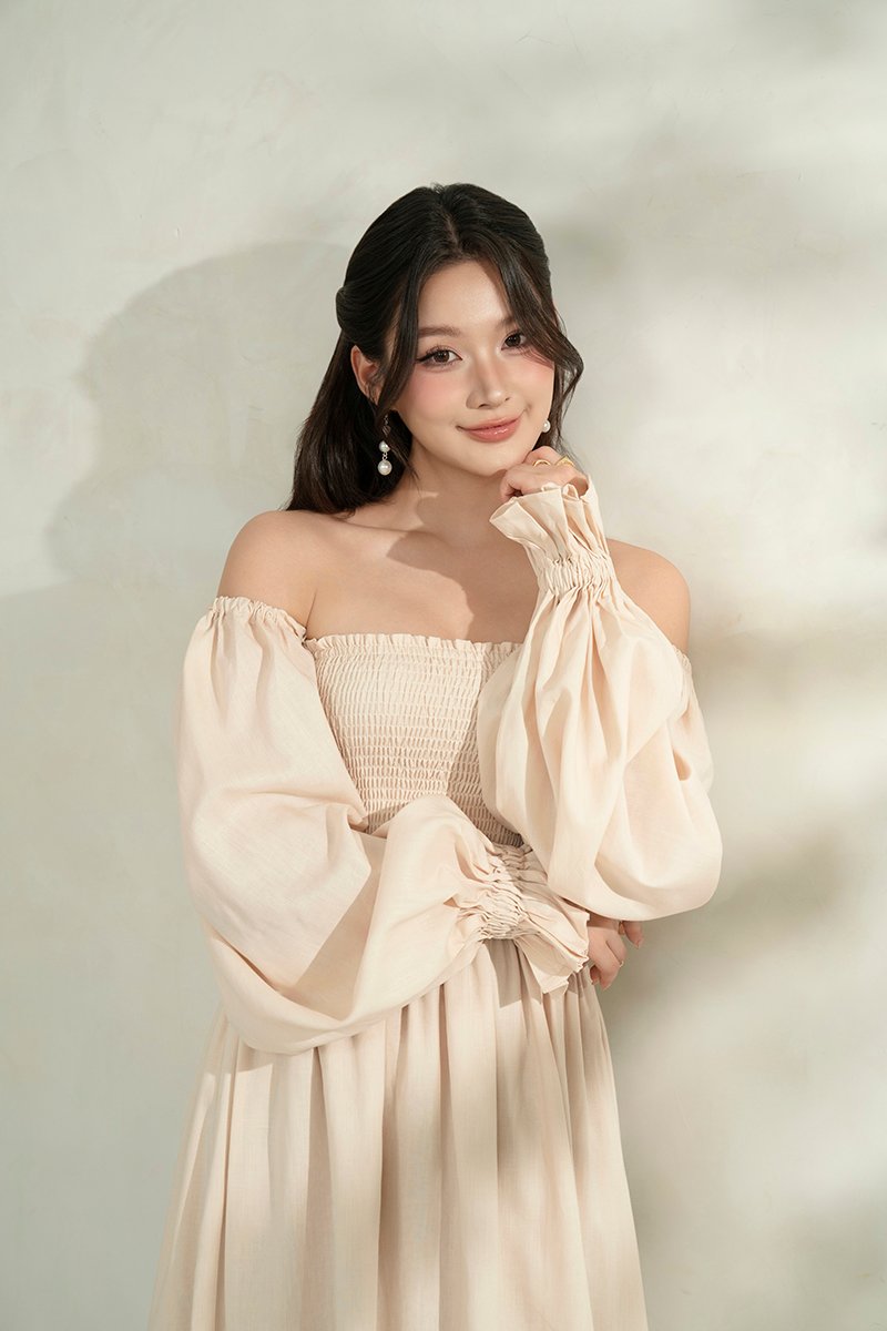 Emme Smocked Long Puff Sleeve Maxi Dress in French Cream