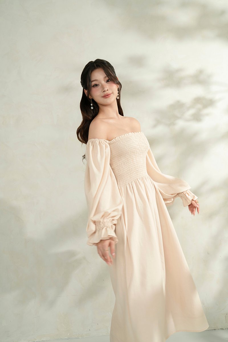 Emme Smocked Long Puff Sleeve Maxi Dress in French Cream