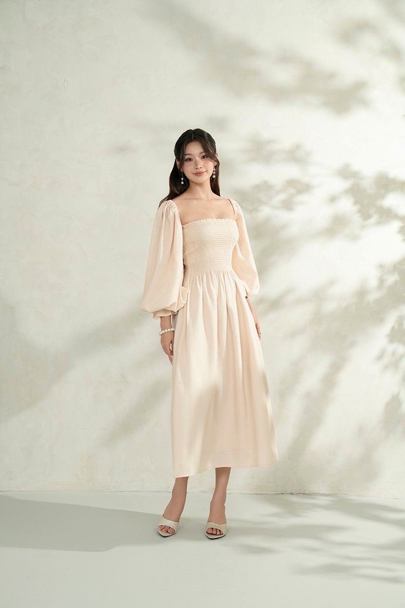 Emme Smocked Long Puff Sleeve Maxi Dress in French Cream