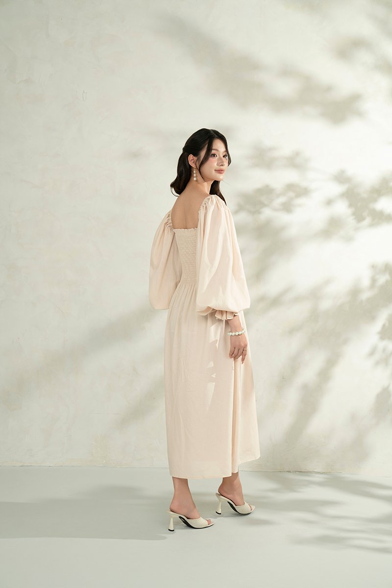 Emme Smocked Long Puff Sleeve Maxi Dress in French Cream