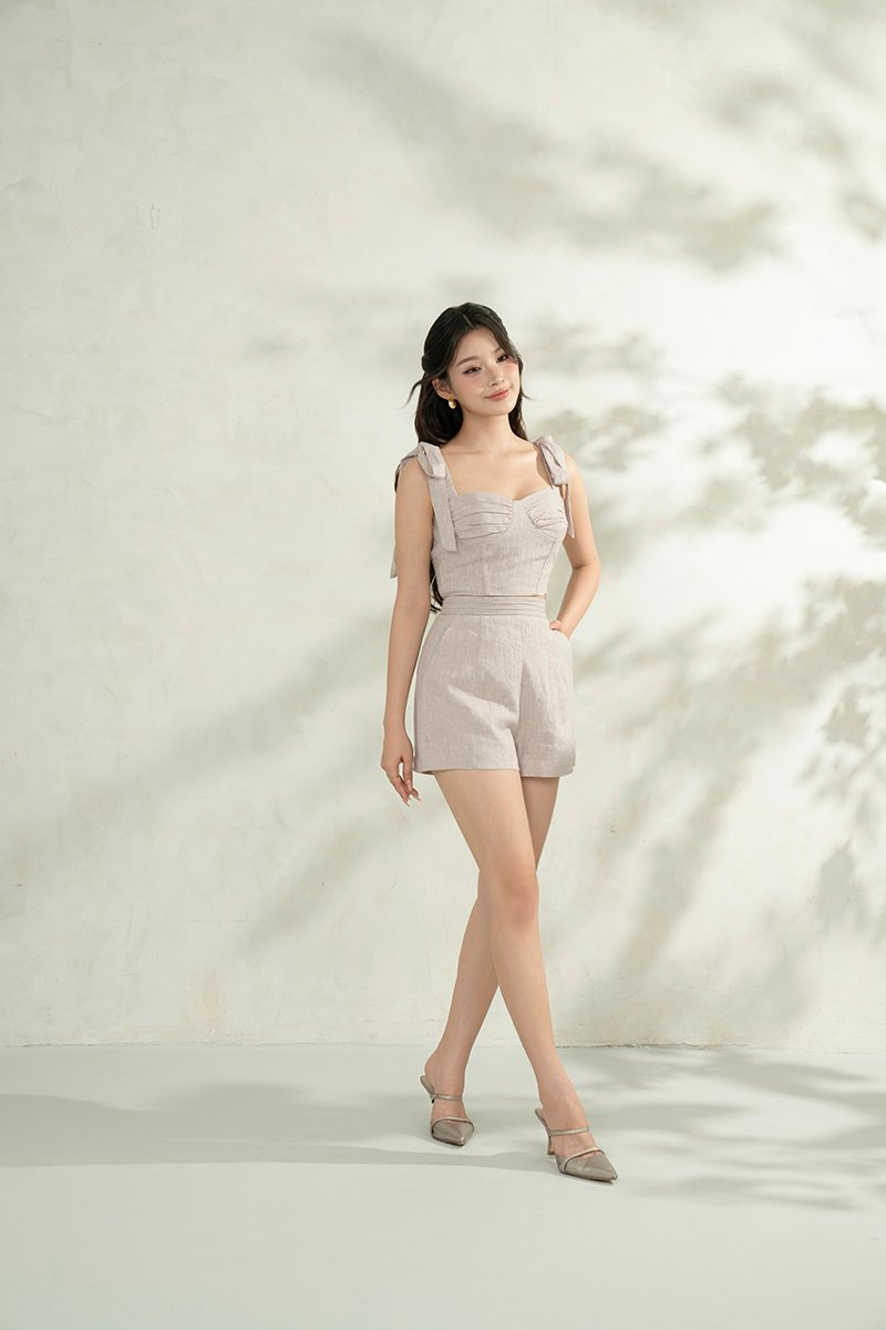 Evita Bustier Top with Ribbon Straps in Linen Drift