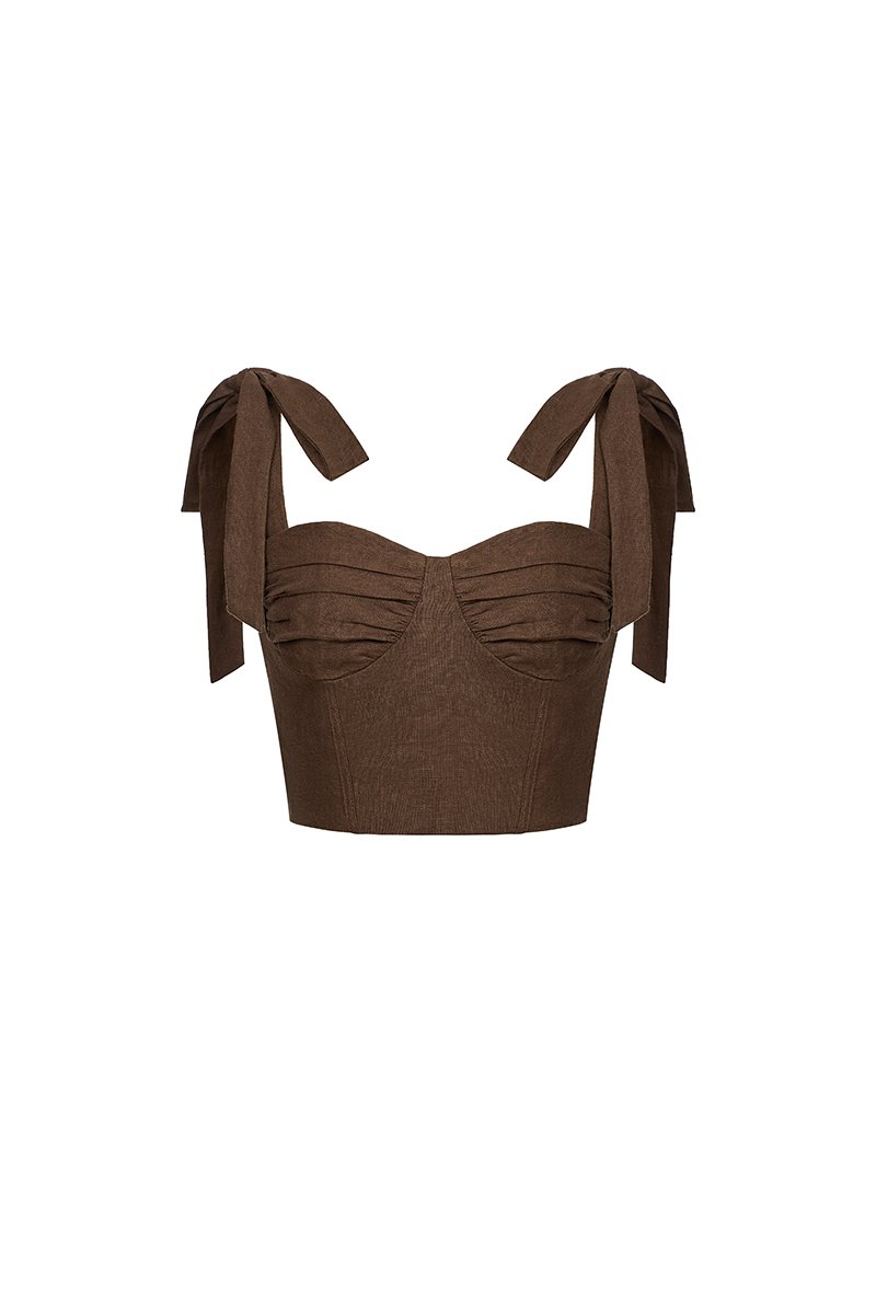 Evita Bustier Top with Ribbon Straps in Roasted Cocoa