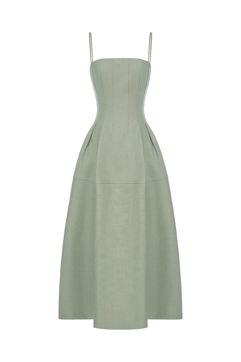 Illyra Padded Panel Midi Dress in Thyme