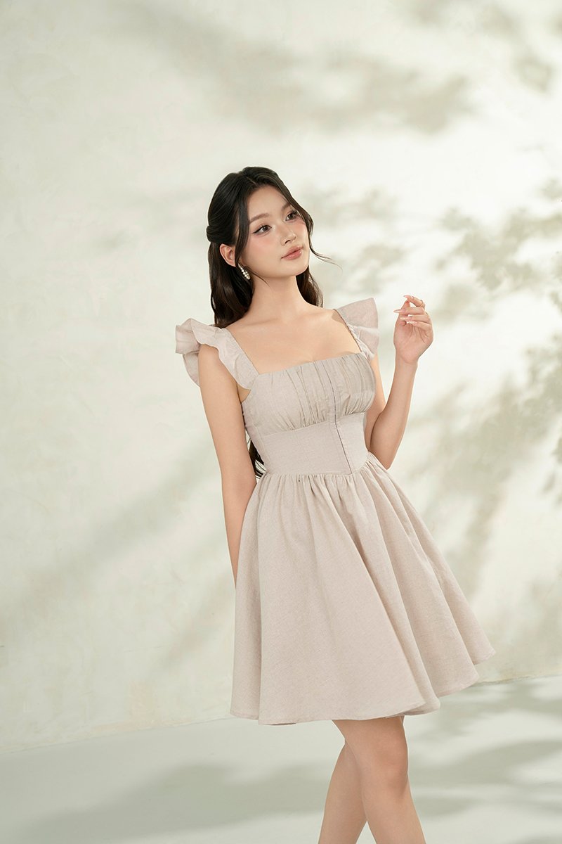 Juniper Ruffle Strap Padded Corset Mini Dress in French Linen