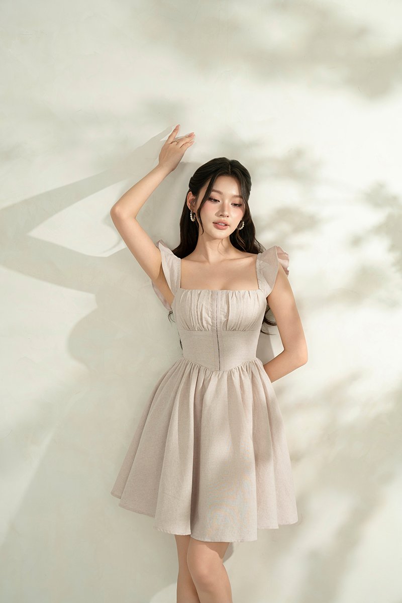 Juniper Ruffle Strap Padded Corset Mini Dress in French Linen