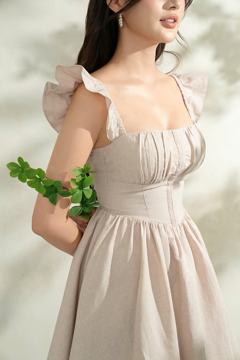 Juniper Ruffle Strap Padded Corset Mini Dress in French Linen