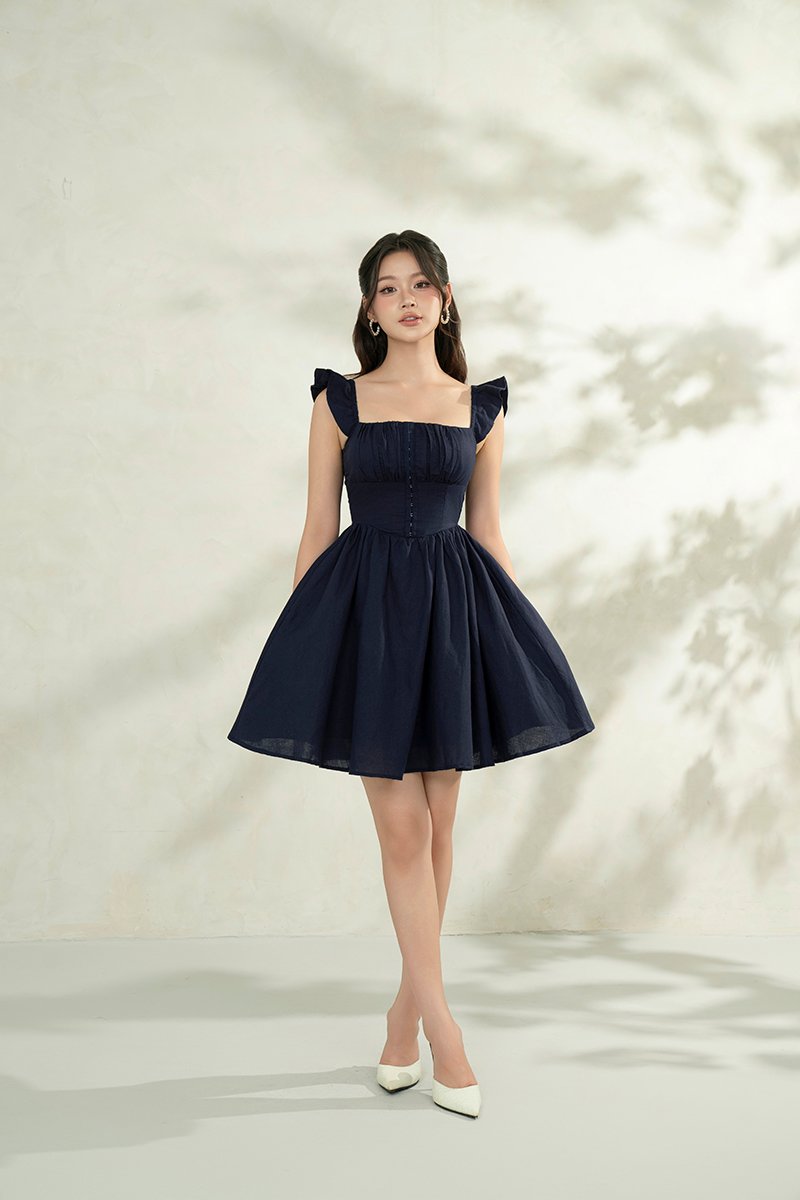Juniper Ruffle Strap Padded Corset Mini Dress in Navy Blue