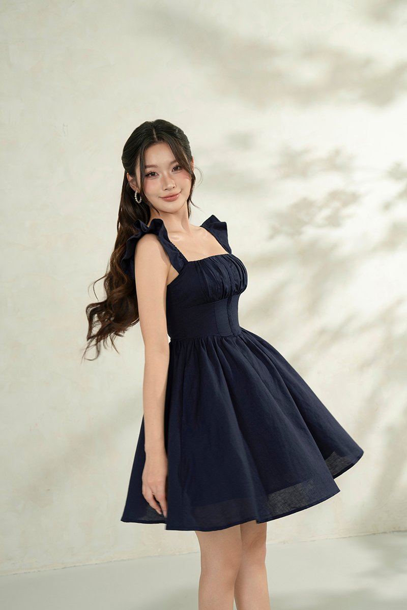 Juniper Ruffle Strap Padded Corset Mini Dress in Navy Blue