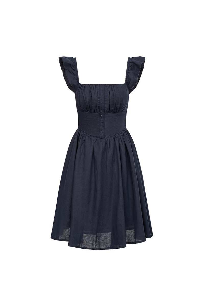 Juniper Ruffle Strap Padded Corset Mini Dress in Navy Blue