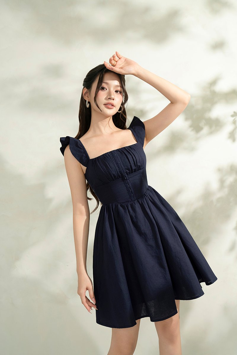 Juniper Ruffle Strap Padded Corset Mini Dress in Navy Blue