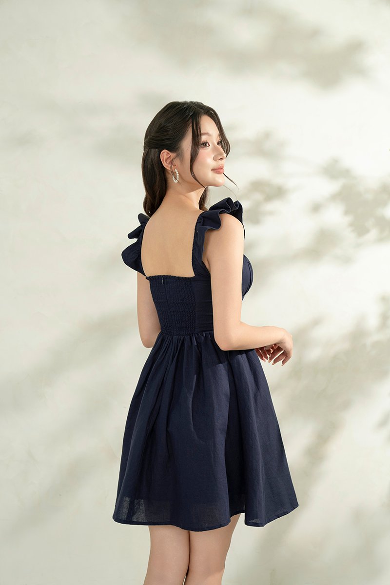 Juniper Ruffle Strap Padded Corset Mini Dress in Navy Blue