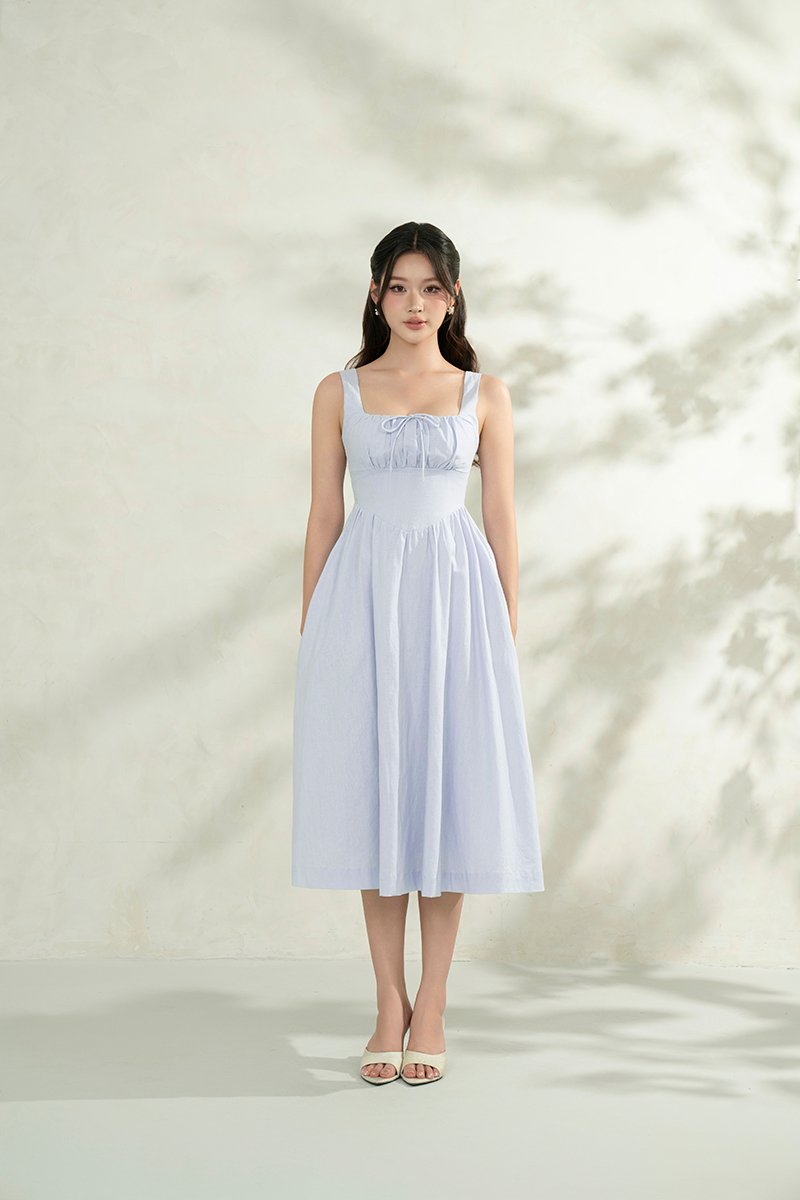 Lucia Padded Milkmaid Midi Dress in Cloud Blue
