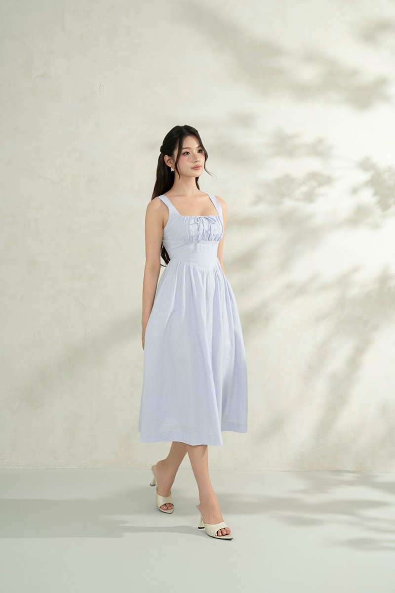 Lucia Padded Milkmaid Midi Dress in Cloud Blue