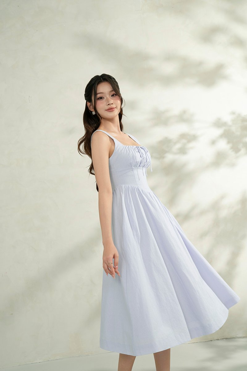 Lucia Padded Milkmaid Midi Dress in Cloud Blue