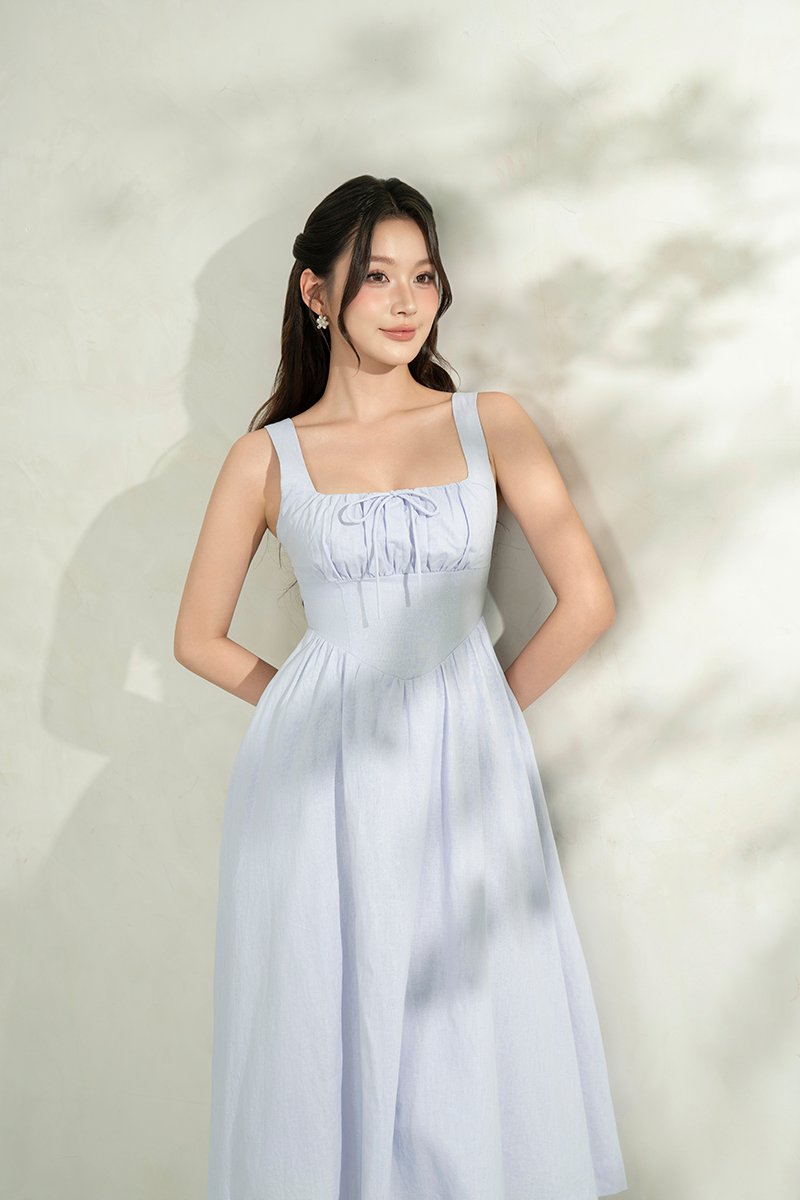 Lucia Padded Milkmaid Midi Dress in Cloud Blue