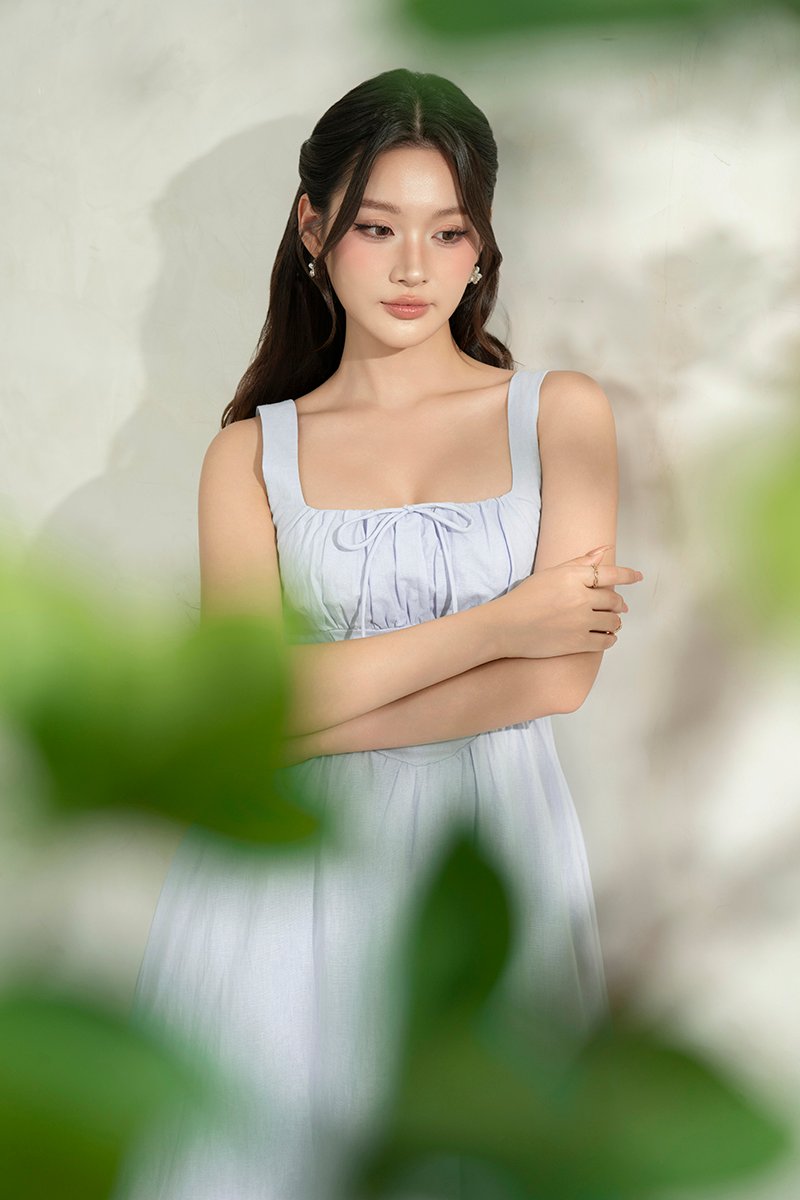 Lucia Padded Milkmaid Midi Dress in Cloud Blue