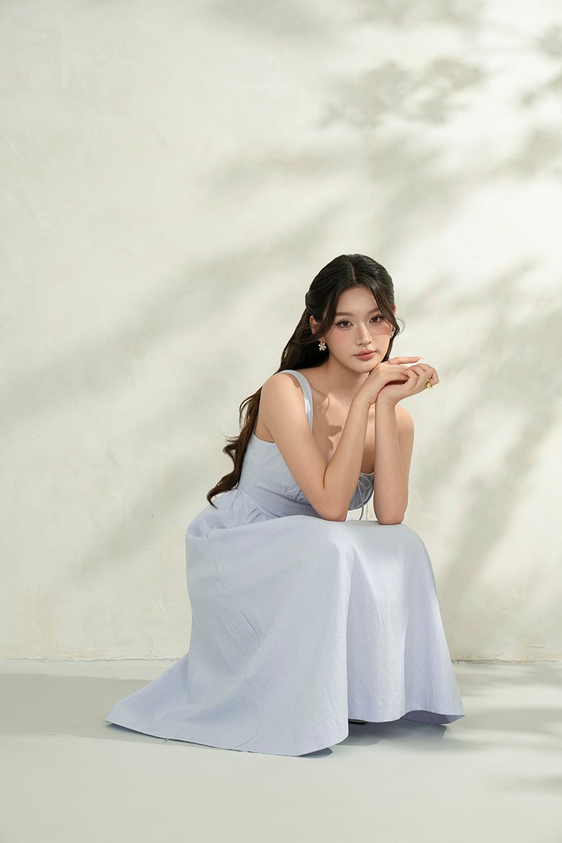 Lucia Padded Milkmaid Midi Dress in Cloud Blue