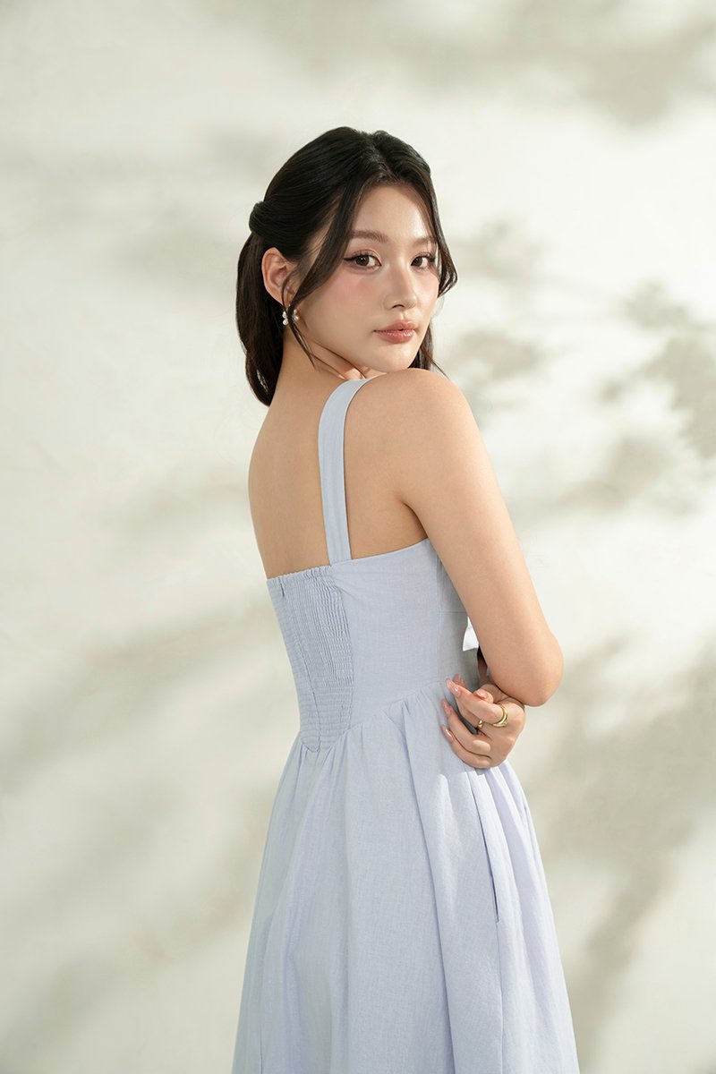 Lucia Padded Milkmaid Midi Dress in Cloud Blue