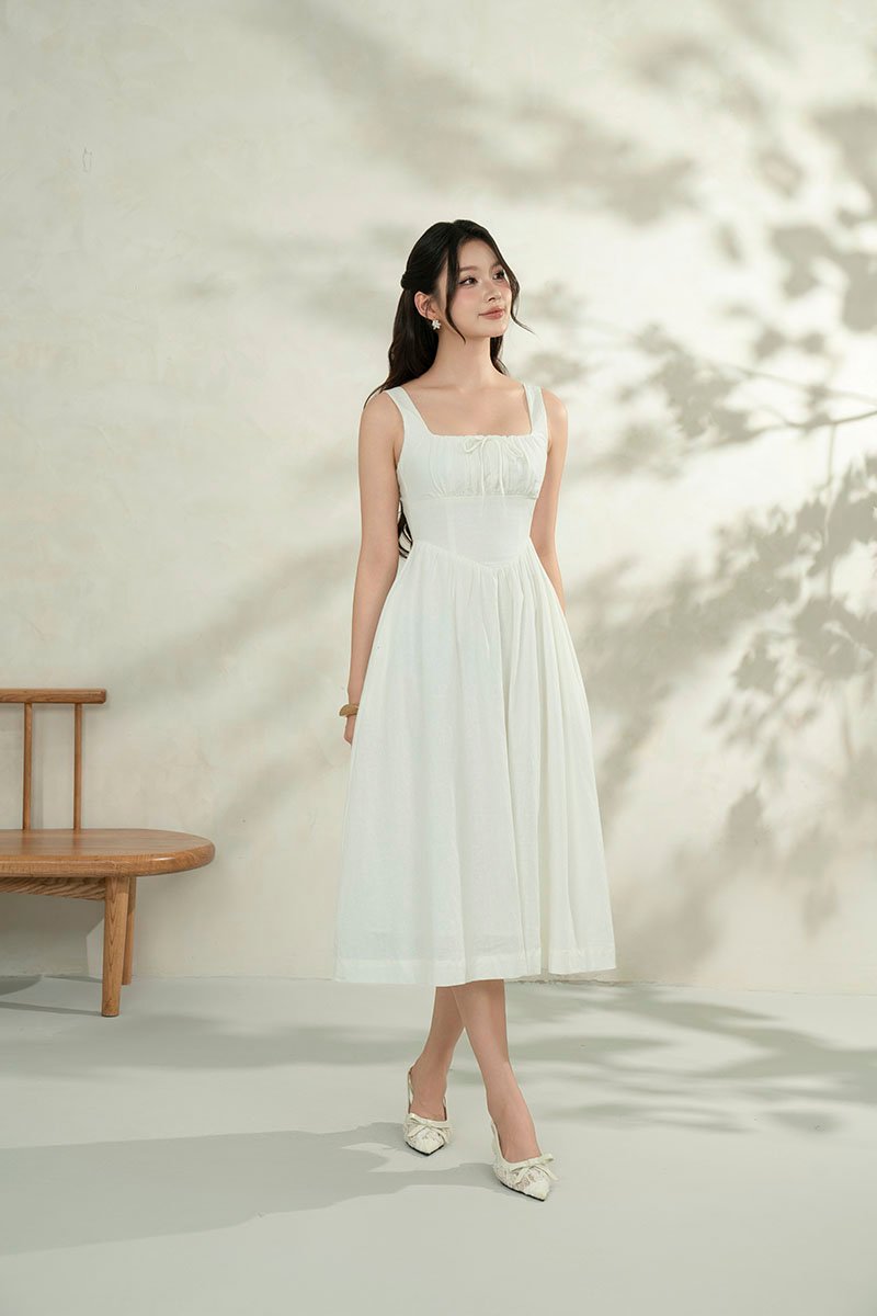Lucia Padded Milkmaid Midi Dress in Iconic White