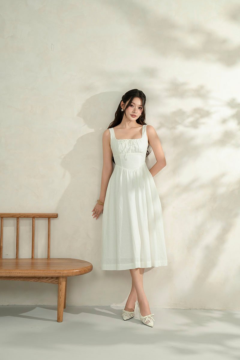 Lucia Padded Milkmaid Midi Dress in Iconic White