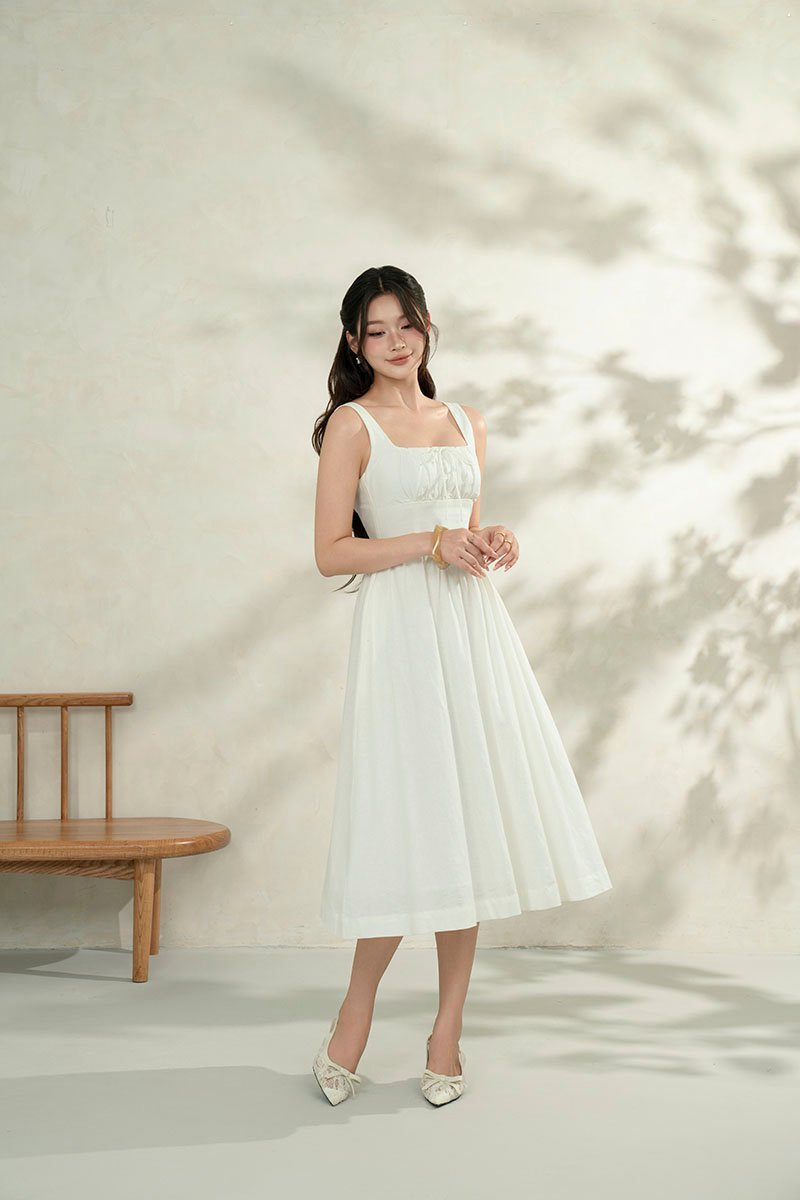 Lucia Padded Milkmaid Midi Dress in Iconic White