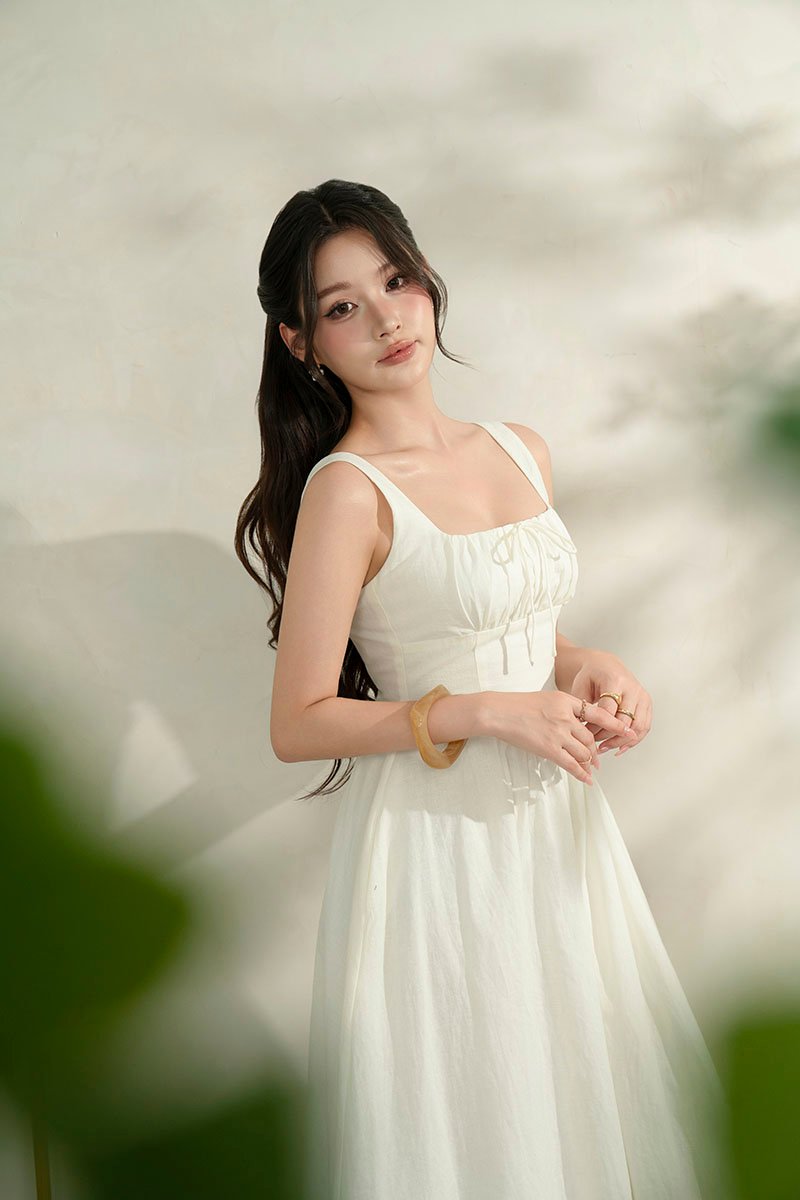 Lucia Padded Milkmaid Midi Dress in Iconic White