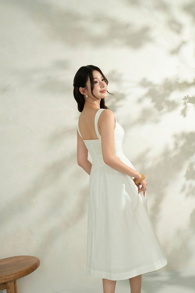 Lucia Padded Milkmaid Midi Dress in Iconic White