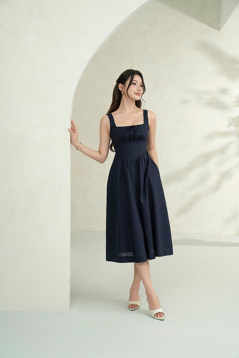 Lucia Padded Milkmaid Midi Dress in Midnight Blue
