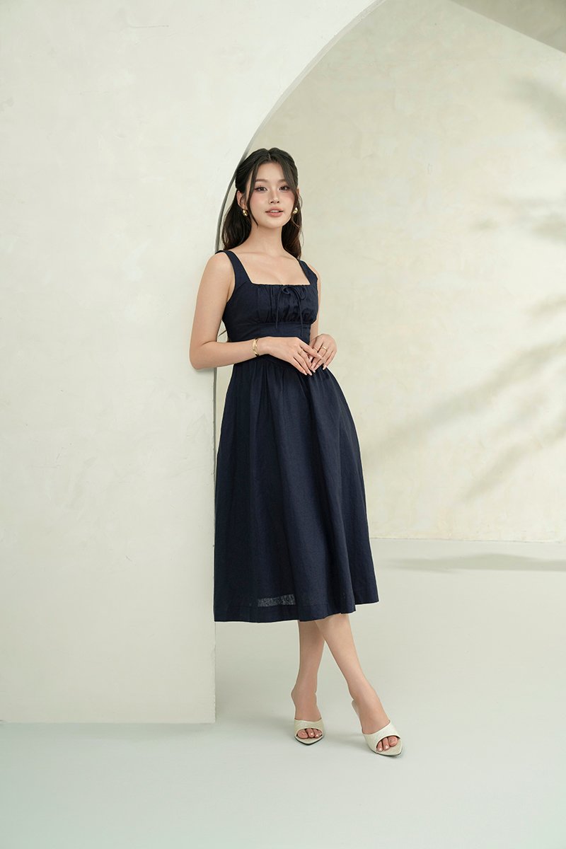 Lucia Padded Milkmaid Midi Dress in Midnight Blue