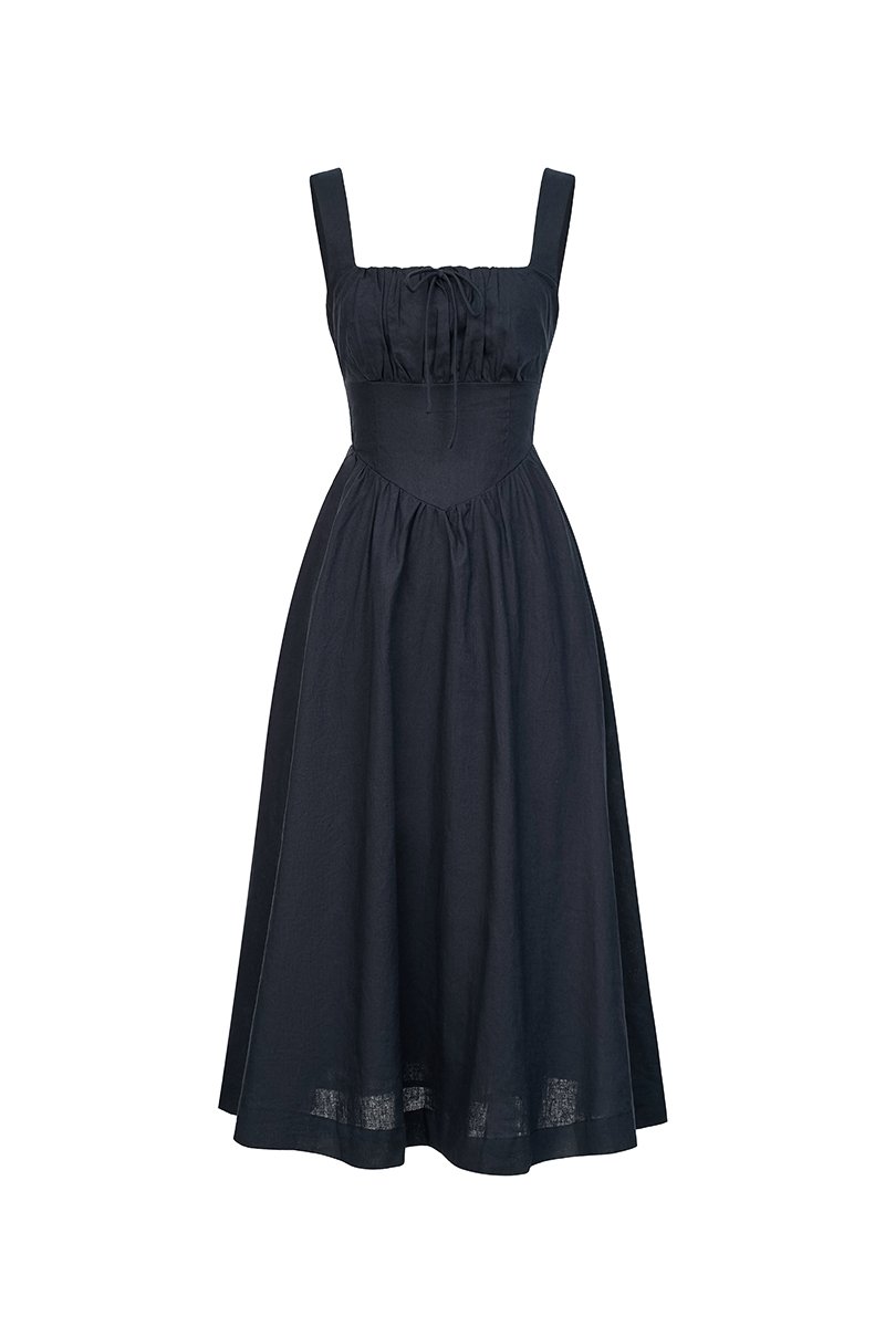 Lucia Padded Milkmaid Midi Dress in Midnight Blue