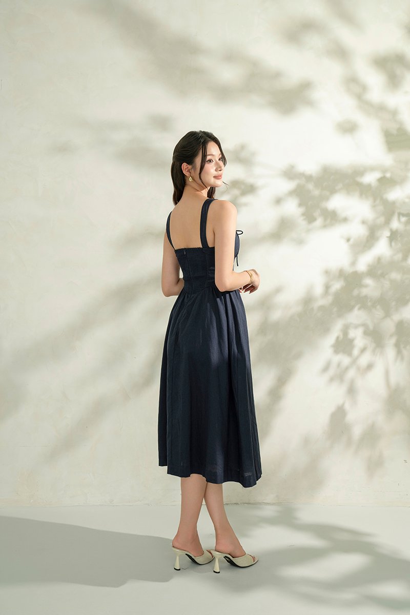 Lucia Padded Milkmaid Midi Dress in Midnight Blue