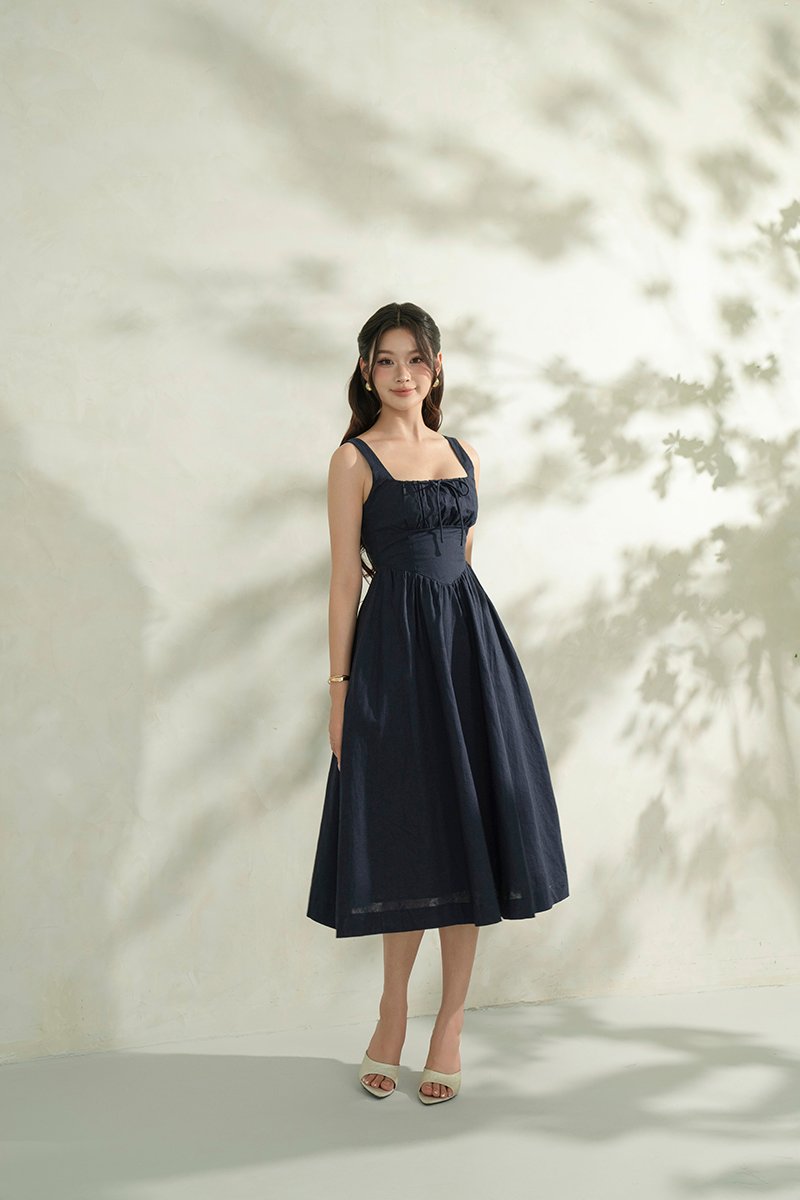 Lucia Padded Milkmaid Midi Dress in Midnight Blue