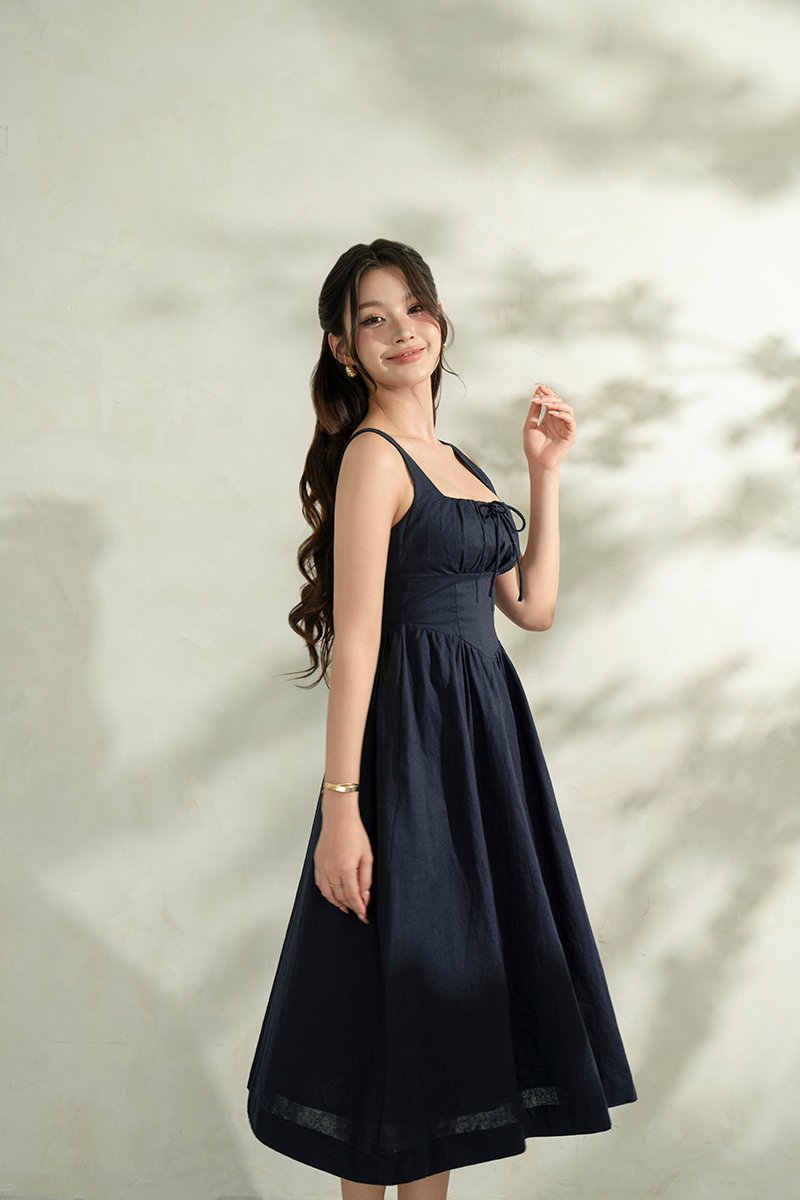 Lucia Padded Milkmaid Midi Dress in Midnight Blue