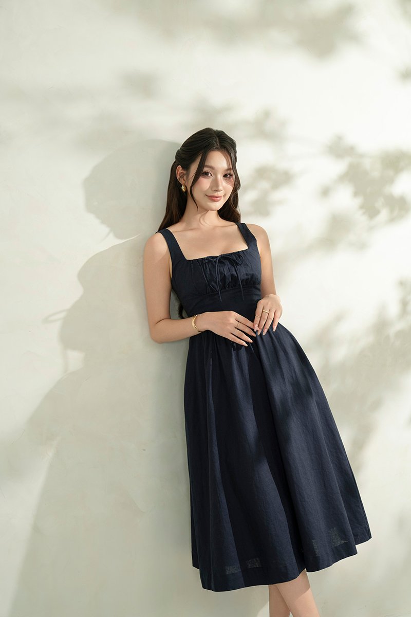 Lucia Padded Milkmaid Midi Dress in Midnight Blue