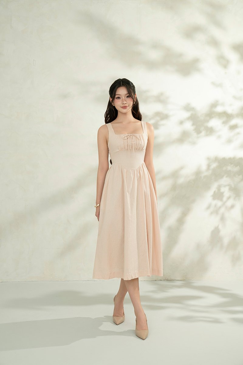 Lucia Padded Milkmaid Midi Dress in Vanilla Cream
