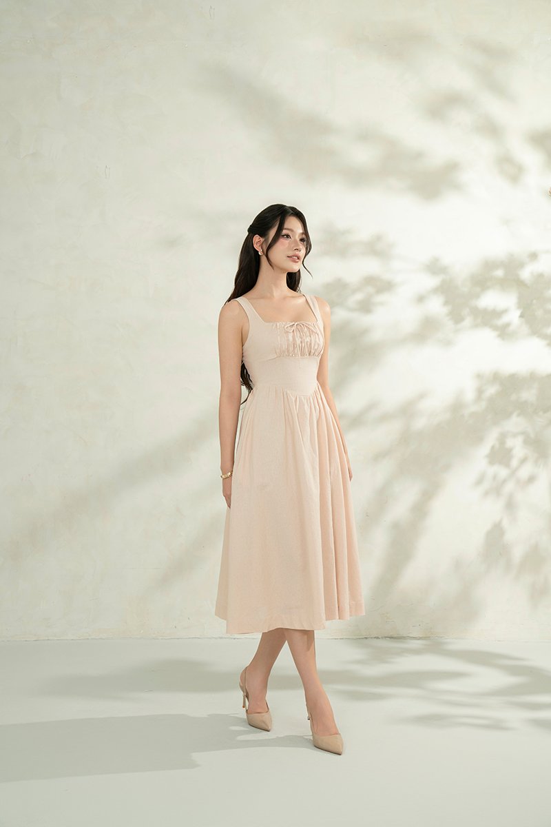 Lucia Padded Milkmaid Midi Dress in Vanilla Cream
