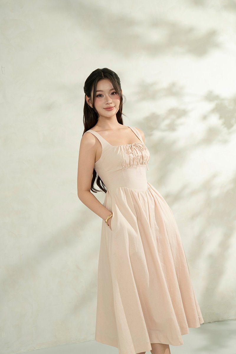 Lucia Padded Milkmaid Midi Dress in Vanilla Cream