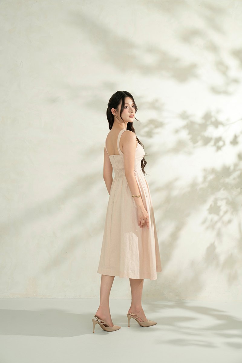 Lucia Padded Milkmaid Midi Dress in Vanilla Cream