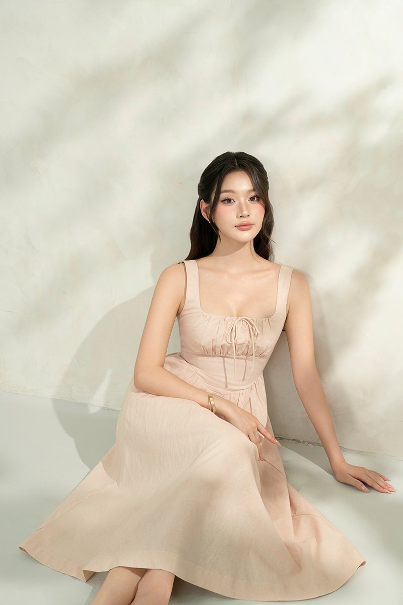 Lucia Padded Milkmaid Midi Dress in Vanilla Cream