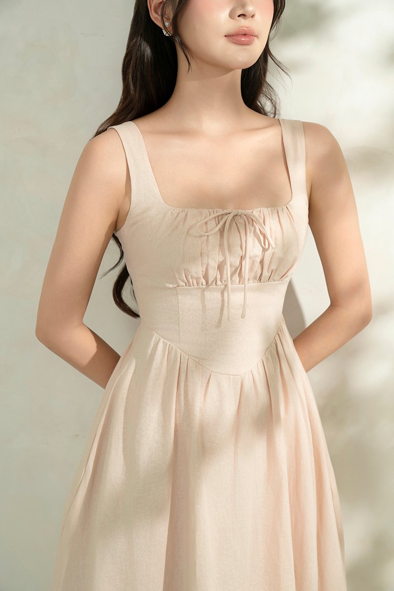 Lucia Padded Milkmaid Midi Dress in Vanilla Cream