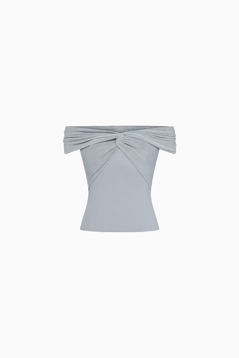 Maelle Padded Twist Off Shoulder Top in Pale Bluish Grey