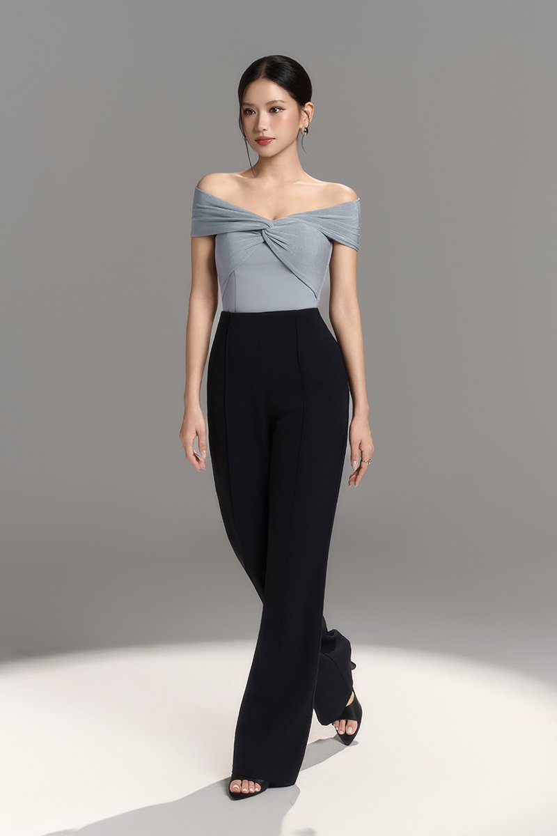 Maelle Padded Twist Off Shoulder Top in Pale Bluish Grey