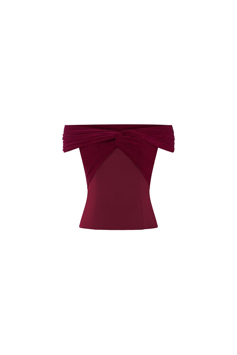 Maelle Padded Twist Off Shoulder Top in Wine Red