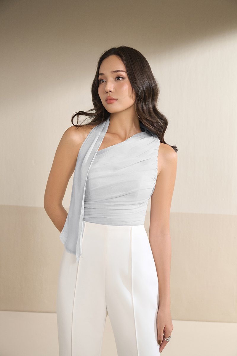 Raea Padded Toga Ruche Top in Comfort Grey