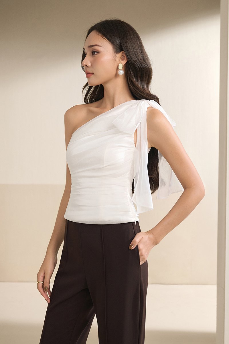 Raea Padded Toga Ruche Top in Iconic White