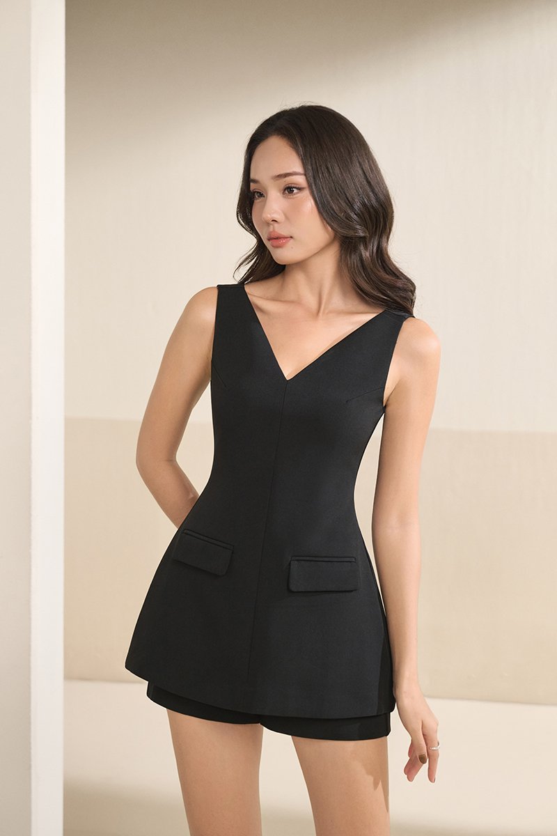 Zarielle Padded V-neckline Romper in Classic Black