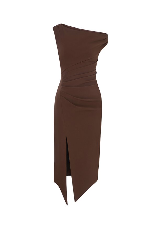 Chiara Padded Asymmetrical Pencil Dress in Saddle Brown