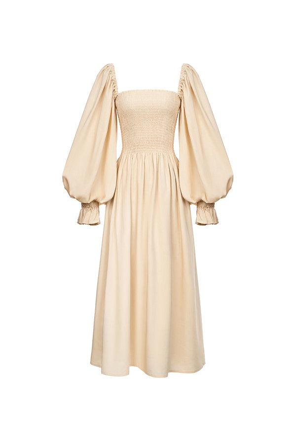 Emme Smocked Long Puff Sleeve Maxi Dress in French Cream
